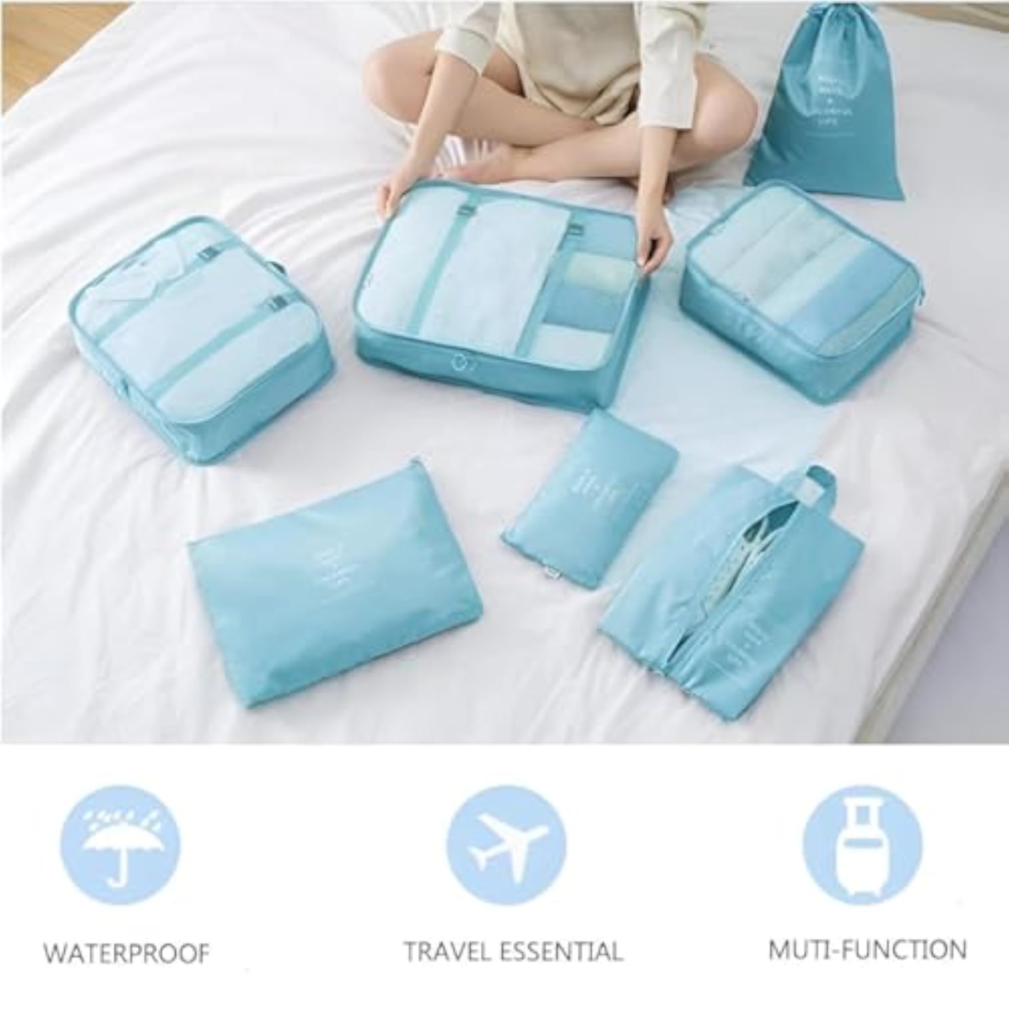 7-in-1 Travel Organiser Bag Set with Shoe Bag and Drawstring Bags